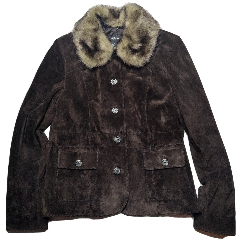 ALFANI Women Petites Large PL Brown Removable Fur‎ Collar Leather Jacket EUC